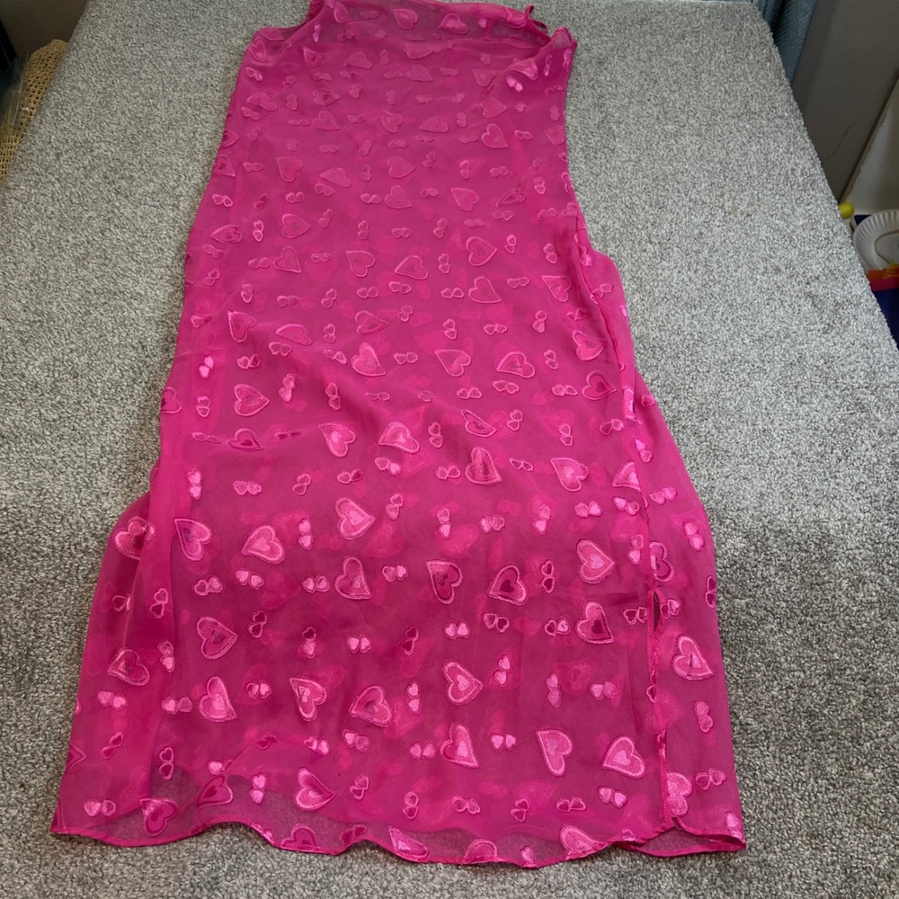 vtg heart Nightgown Womens s Pink Sheer Mesh Maxi Slip Dress Side Slit romantic